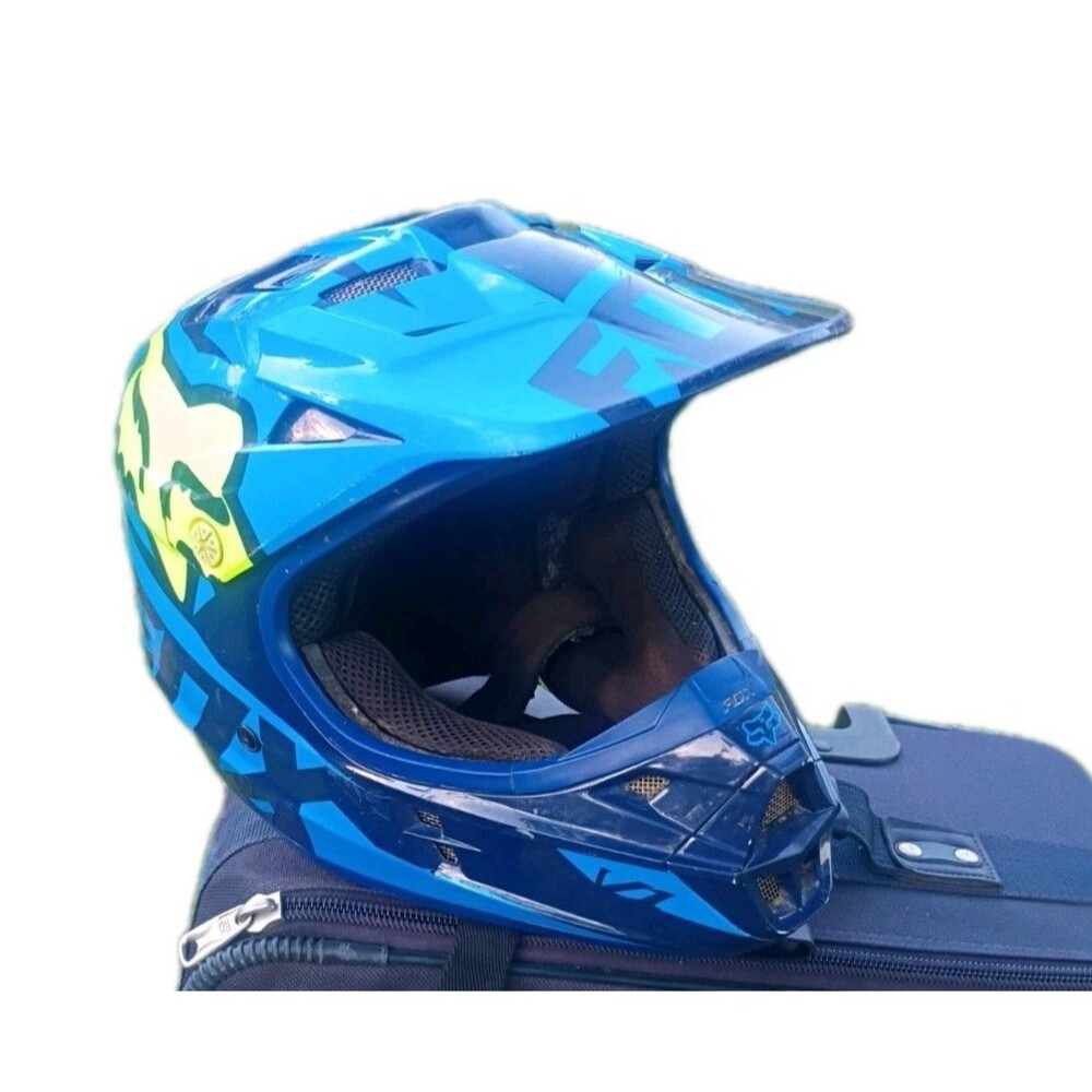 Fox V1 Race Helmet S/Small Blue Yellow MX ATV Off Road Dirt Bike Extreme Sports - Picture 2 of 13